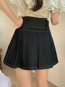 FRIFUL Women's Casual Pleated Waist Belt Denim Mini Skirt, Summer - Blue - View 4