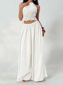 Aloruh Summer Loose Textured Casual Palazzo Pants - White - View 6