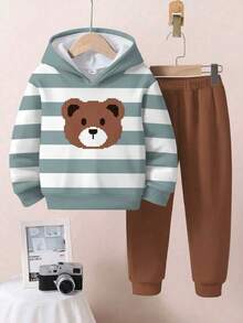 SHEIN 两件套男童宽松休闲印花连帽卫衣，舒适休闲，适合秋冬季节，经典条纹像素熊图案 - 彩色 - 查看 2