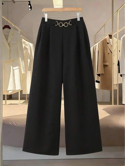 Modelyn 金色装饰腰身优雅阔腿宽松百搭显瘦OL大码女裤