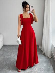 Elenzga 女士春夏新款优雅简约高端连衣裙，适合日常、派对、宴会、下午茶等场合，荷叶边下摆设计，红色收腰A字连衣裙 - Fiery Red - 查看 4