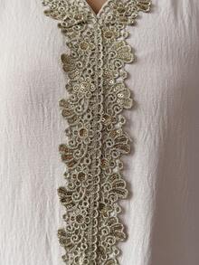 Elenzga Middle Eastern Style Embroidered V-Neck Loose Batwing Sleeve Maxi Dress - Apricot - View 6