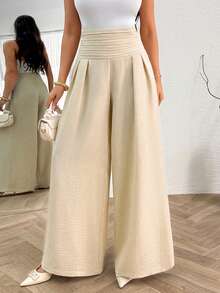 SHEIN Paper Belt High Waist Wide Leg Trousers Fake Linen - Beige - View 1