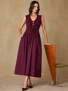 Aveloria Revavyn Vestido largo elegante con cuello en V profundo, cintura fruncida y anudada, adecuado para fiestas y eventos - Burdeos - Ver 1