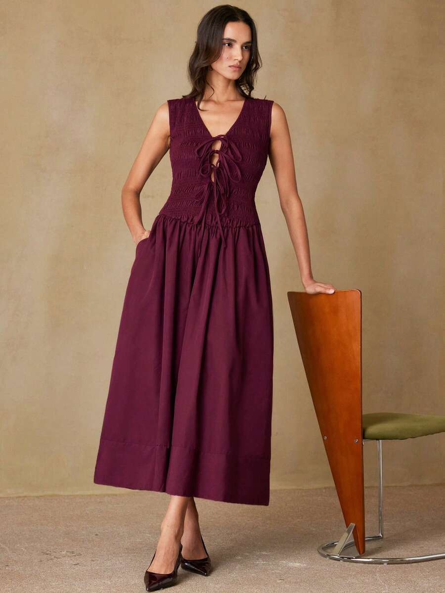 Aveloria Revavyn Vestido largo elegante con cuello en V profundo, cintura fruncida y anudada, adecuado para fiestas y eventos - Burdeos - Ver 1