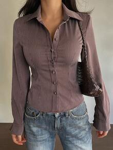 DAZY Women's Striped Long Sleeve Single-Breasted Casual/Work Shirt - Brown - View 3