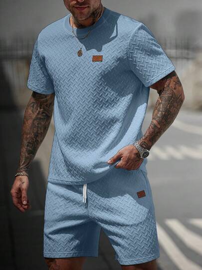 Manfinity CasualCool Men's V-Neck Ribbed T-Shirt + Drawstring Shorts Set