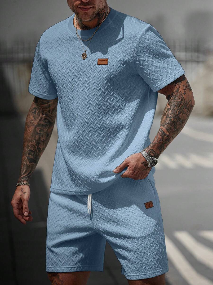 Manfinity CasualCool Men's V-Neck Ribbed T-Shirt + Drawstring Shorts Set - Blue - View 1