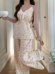 DAZY Women's Sweet Polka Dot Allover Print Textured Chiffon Pajama Set, Summer - White - View 11