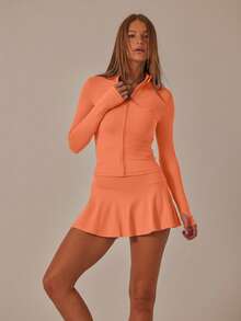 Aralina Leisurewear Zip Front Long Sleeve Top And High Waist Biker Shorts Two Pieces Set - Coral Orange - View 4