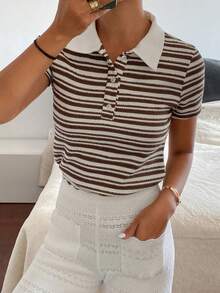 DAZY 女士半拉链插肩短袖休闲条纹T恤，夏季 - 白色 - 查看 7