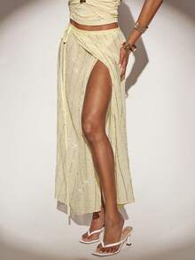 SHEIN ICON Falda envolvente de gasa sexy con bordados y cuentas - Amarillo claro - Ver 5