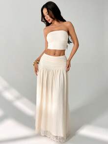 SHEIN PETITE 女士斑马纹网纱抹胸上衣和长裙套装，适合日常穿着和度假 - 杏色 - 查看 3