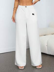 SHEIN PETITE Pantalones casuales anchos de pierna ancha con bolsillos de unicolor para mujer - Blanco - Ver 5