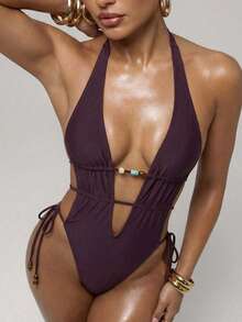 SHEIN BAE 女士性感露背系带连体泳衣，简约纯色，海滩度假风，夏季 - 紫色 - 查看 6