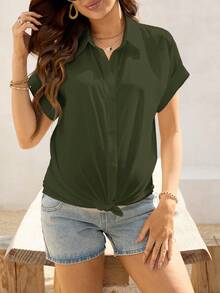 SHEIN Maternity Solid Color Short Sleeve Front Button Casual Shirt For Summer - Army Green - View 4