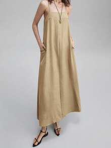 Ontre Đầm nữ dáng rộng không tay, phù hợp cho đi làm, công sở, thường ngày, đi nghỉ mát, đi biển, dự đám cưới, thanh lịch. - Màu Khaki - Xem 6