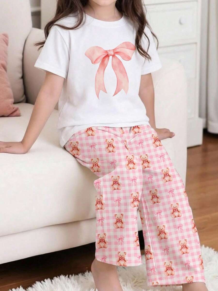 SHEIN 少女针织蝴蝶结图案T恤和格子蝴蝶结图案休闲裤两件套家居服 - 粉色 - 查看 1