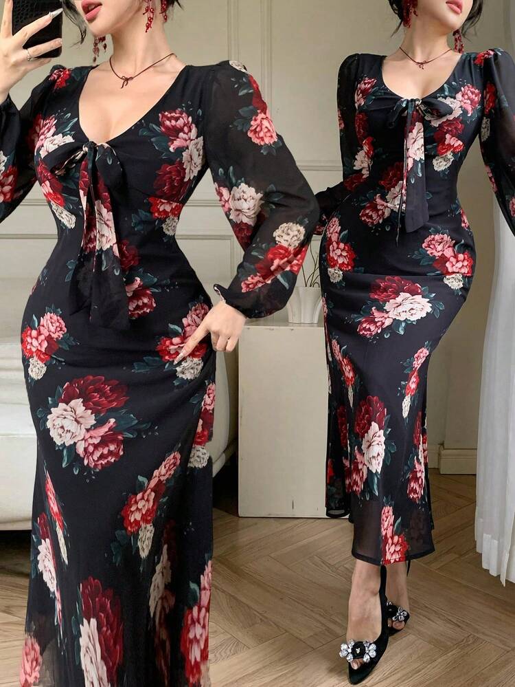 Women's V-Neck Long Sleeve Floral Print Waist Fit Mermaid Dress, Elegant Sundress