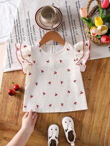 SHEIN 女童樱桃印花短袖圆领上衣 - 杏色 - 查看 6