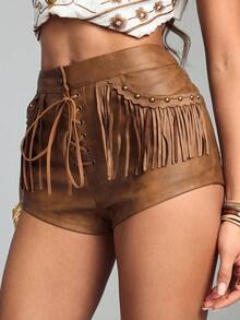ROMWE Shorts cortos de piel sintética con flecos de cintura baja, estilo hippie chic, casual para vacaciones, festivales de música y fiestas - Amarillo - Ver 2