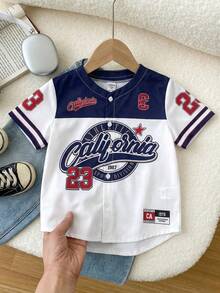 Young Boy Letter & Number Print Casual Round Neck Woven Shirt - Multicolor - View 5