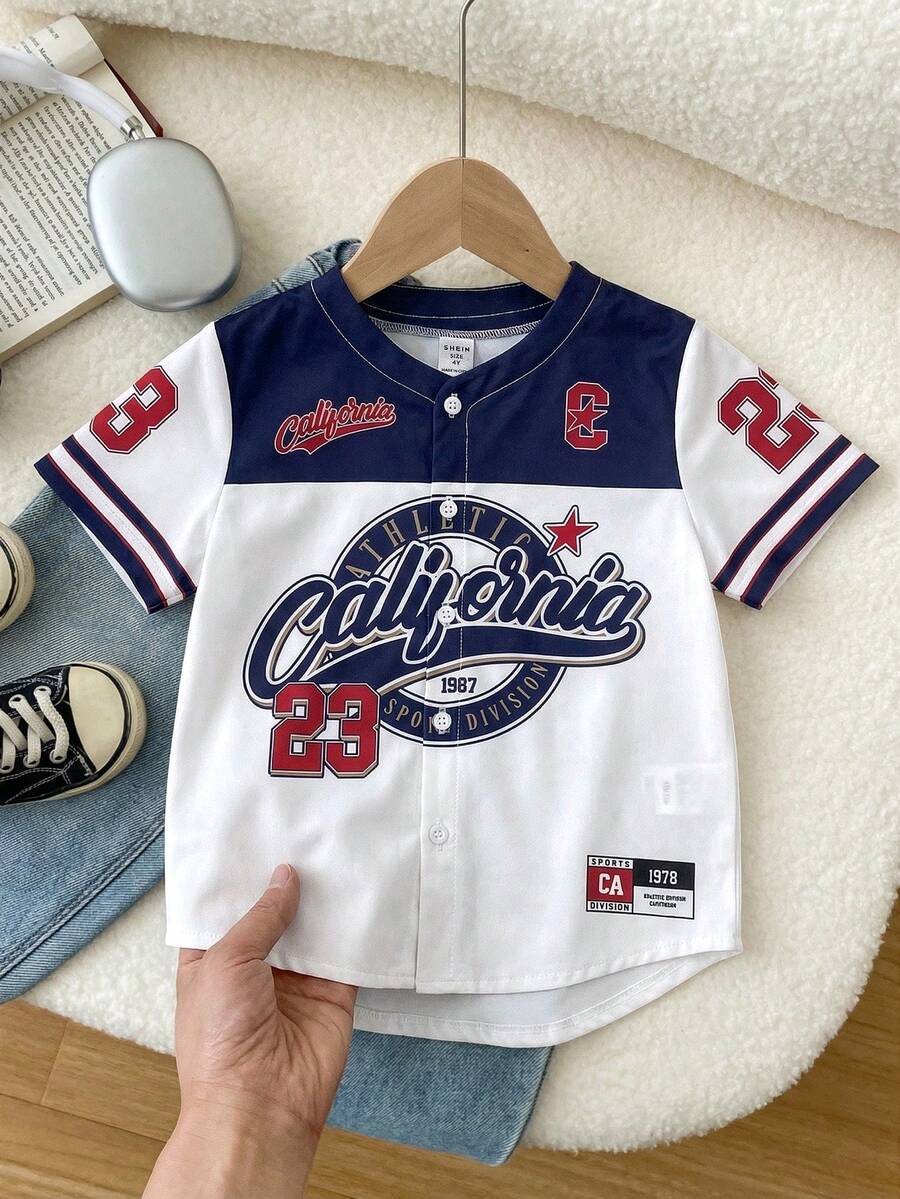 男童字母数字印花休闲圆领梭织衬衫 - 彩色 - 查看 1