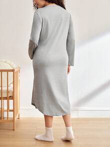 孕妇舒适弧形下摆长袖家居连衣裙，秋季 - 淺灰色 - 查看 2