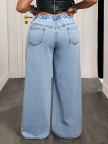 Breezaya Damen Große Größen High Waist Jeans mit Taschen, weites Bein, locker, lässig - Blau - Übersicht 2