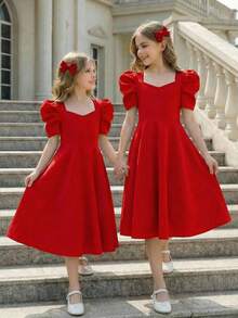 SHEIN Vestido casual para niña preadolescente de unicolor tejido con cuello de corazón y mangas gigot - Negro - Ver 8