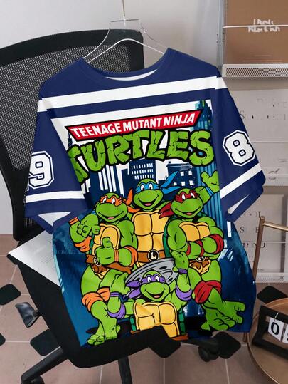 TEENAGE MUTANT NINJA TURTLES | SHEIN Camiseta de manga corta de cuello redondo con estampado de letras de dibujos animados, de uso casual y versátil para uso diario