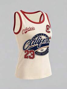 Noixe Women's Round Neck Letter & Number Print Casual Versatile Daily Wear Top - Apricot - View 4