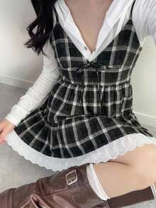 FRIFUL 女士格子吊带拼接刺绣棉质休闲宽松百搭背心，饰有蝴蝶结，适合秋冬季穿着 - 黑色 - 查看 4