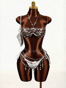 Sirith Conjunto de bikini con parte delantera anudada, espalda descubierta y cristales, estilo de vacaciones en la playa - Marrón - Ver 2