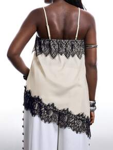 LYSMO Women's Minimalist Asymmetric Hem Lace Camisole Top, Colorblock, Plus Size, Spring/Summer Lace Trim Camisole Cream Cami Top Women's Tops For Summer - White - View 2