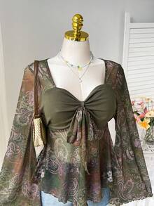 Comfortcana 大码女式波西米亚复古印花喇叭袖荷叶边下摆衬衫，春夏款 - 彩色 - 查看 3