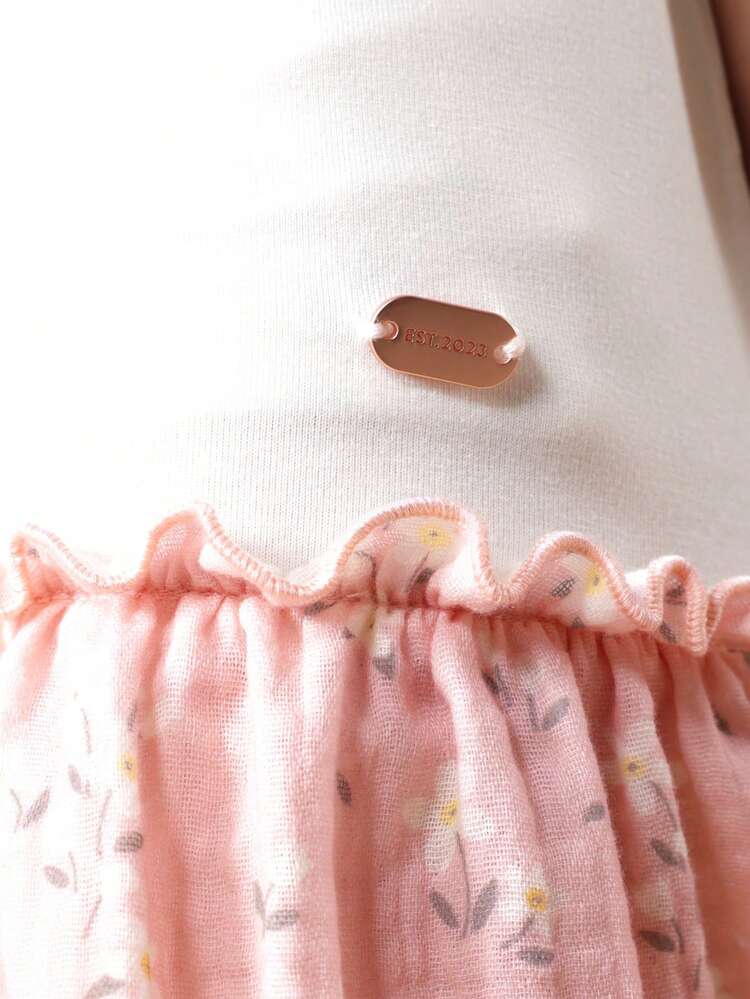 Short Sleeve Dress With Floral Print Skirt