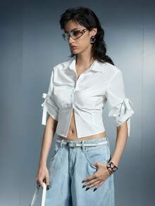 Airlisse Women's Retro High-Waist Long Sleeve Tie Design Button-Up Pleated Fitted Blouse - White - View 7