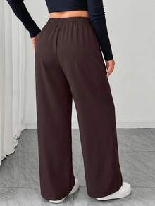 Plus Size Women Elastic Waist Solid Color Casual Loose Pants, Suitable For Commuting - Brown - View 2