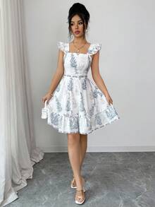 SHEIN Elenzya 女士蝴蝶结露背腰带A字连衣裙，魅力优雅假日休闲甜美可爱通勤海滩海岛性感时尚约会法式街头复古百搭春夏蓝白新款喇叭袖连衣裙 - 彩色 - 查看 4