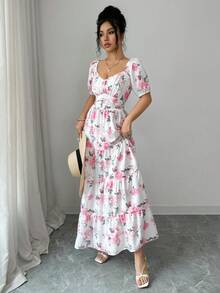 SHEIN Elenzya 女士玫瑰图案露肩/常规肩两穿设计收腰A字优雅日常/度假通勤时尚约会法式街头复古假日百搭早春/春夏白色底粉色花卉印花新款长裙 - 彩色 - 查看 3