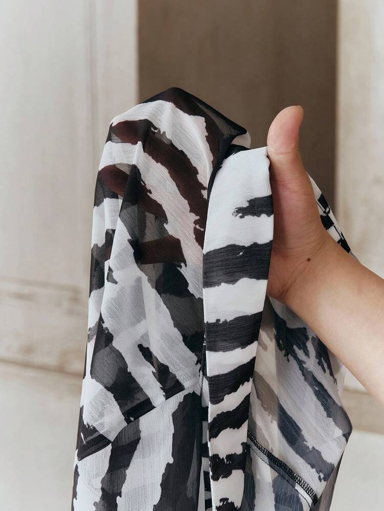 Anewsta Spring & Summer Black & White Tie Dye Zebra Print Waist Cinched Casual Urban Chic Women's Sheer Long Sleeve Shirt