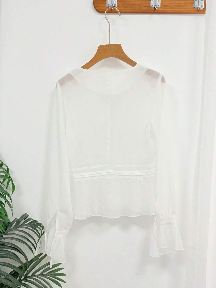 Women's Solid Color V-Neck Long Sleeve Ruffle Hem Single-Breasted Shirt