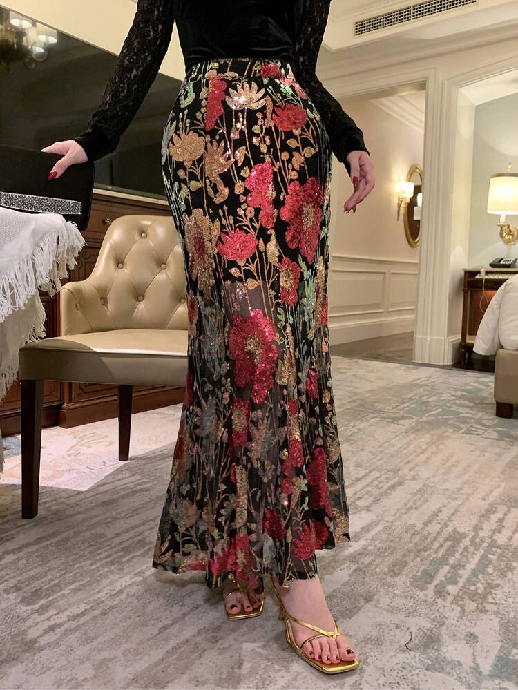 Women's Floral Sequin High Waist Mermaid Hem Elegant Skirt