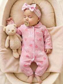 Newborn Baby Girl Cute Casual Pink Bow Pattern Lapel Romper - Multicolor - View 3
