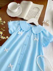 女婴可爱蓝色彼得潘领蝴蝶结短袖连衣裙，夏季 - 藍色 - 查看 3