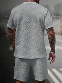 Manfinity CasualCool Men's V-Neck Ribbed T-Shirt + Drawstring Shorts Set - Grey - View 2