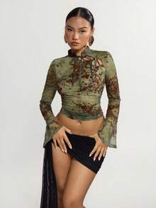 SHEIN ICON 复古网纱植绒透视露肩喇叭袖女式上衣 - 墨綠色 - 查看 3