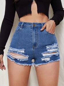 SHEIN EZwear 女士休闲做旧口袋纽扣毛边牛仔短裤，日常百搭 - 中等水洗藍 - 查看 3