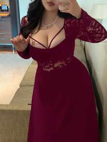 Vibekara 大码女士性感派对蕾丝拼接A字长裙，蕾丝长袖，胸部褶皱设计，优雅复古浪漫修身可爱薄纱连衣裙，适合日常穿着、返校、生日、派对、婚礼宾客、感恩节、春节、春季、秋季、夏季等场合。 - 酒紅色 - 查看 1